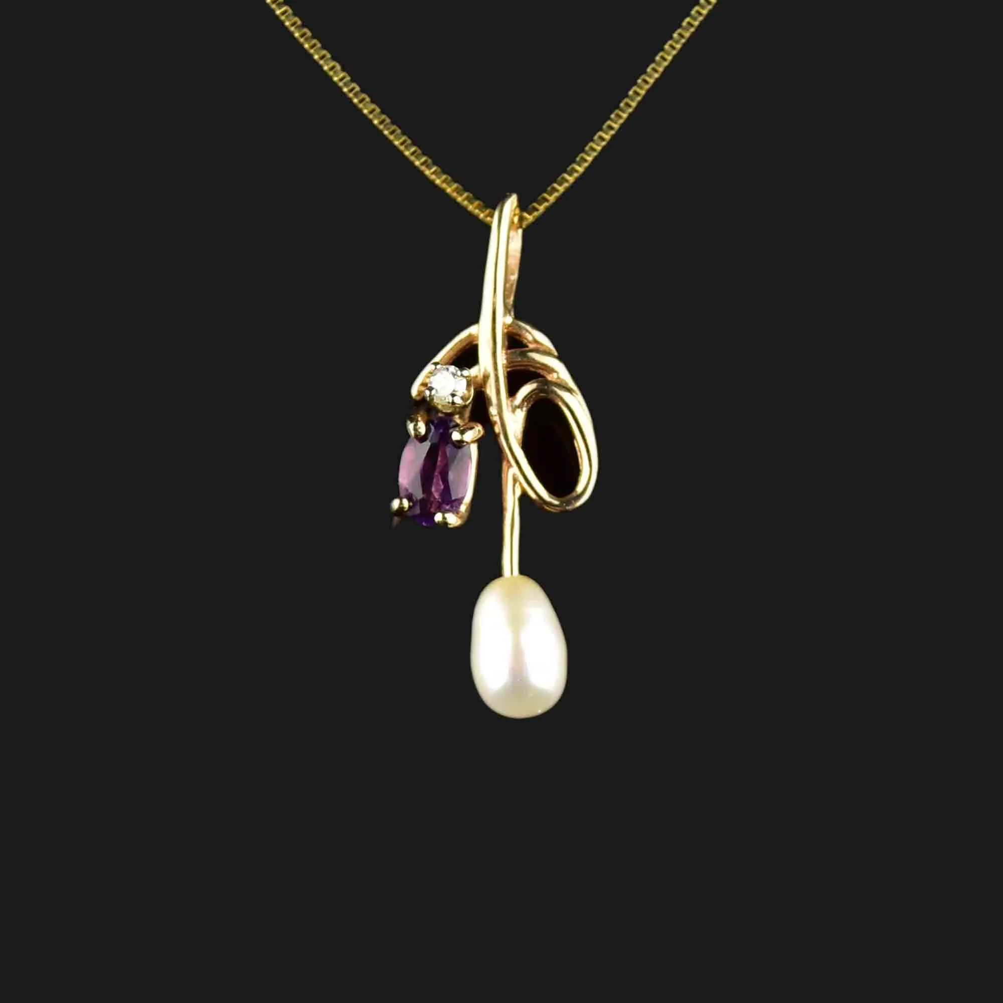 14K Gold Amethyst Diamond Pearl Pendant Necklace