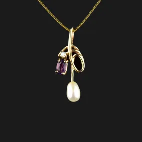 14K Gold Amethyst Diamond Pearl Pendant Necklace