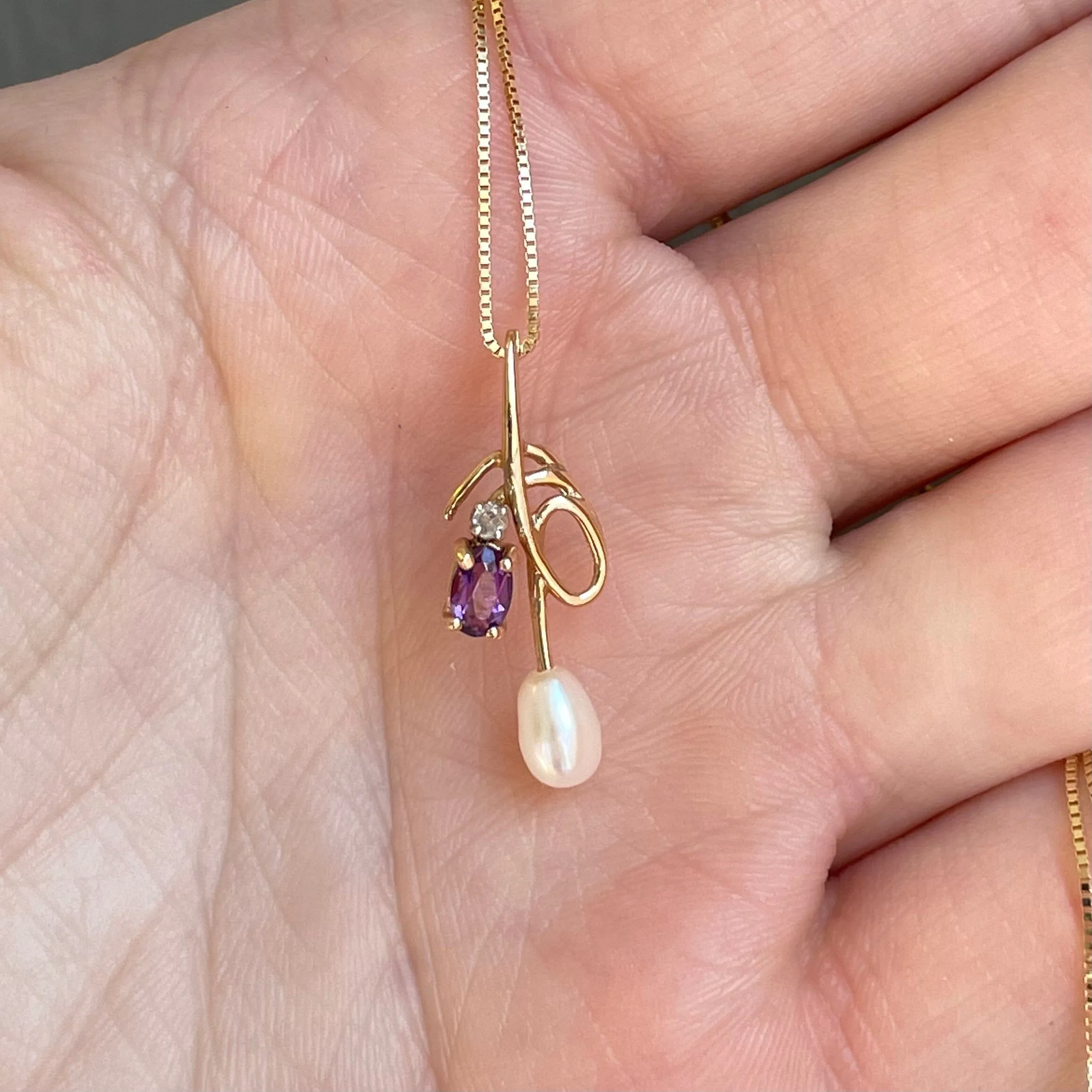 14K Gold Amethyst Diamond Pearl Pendant Necklace