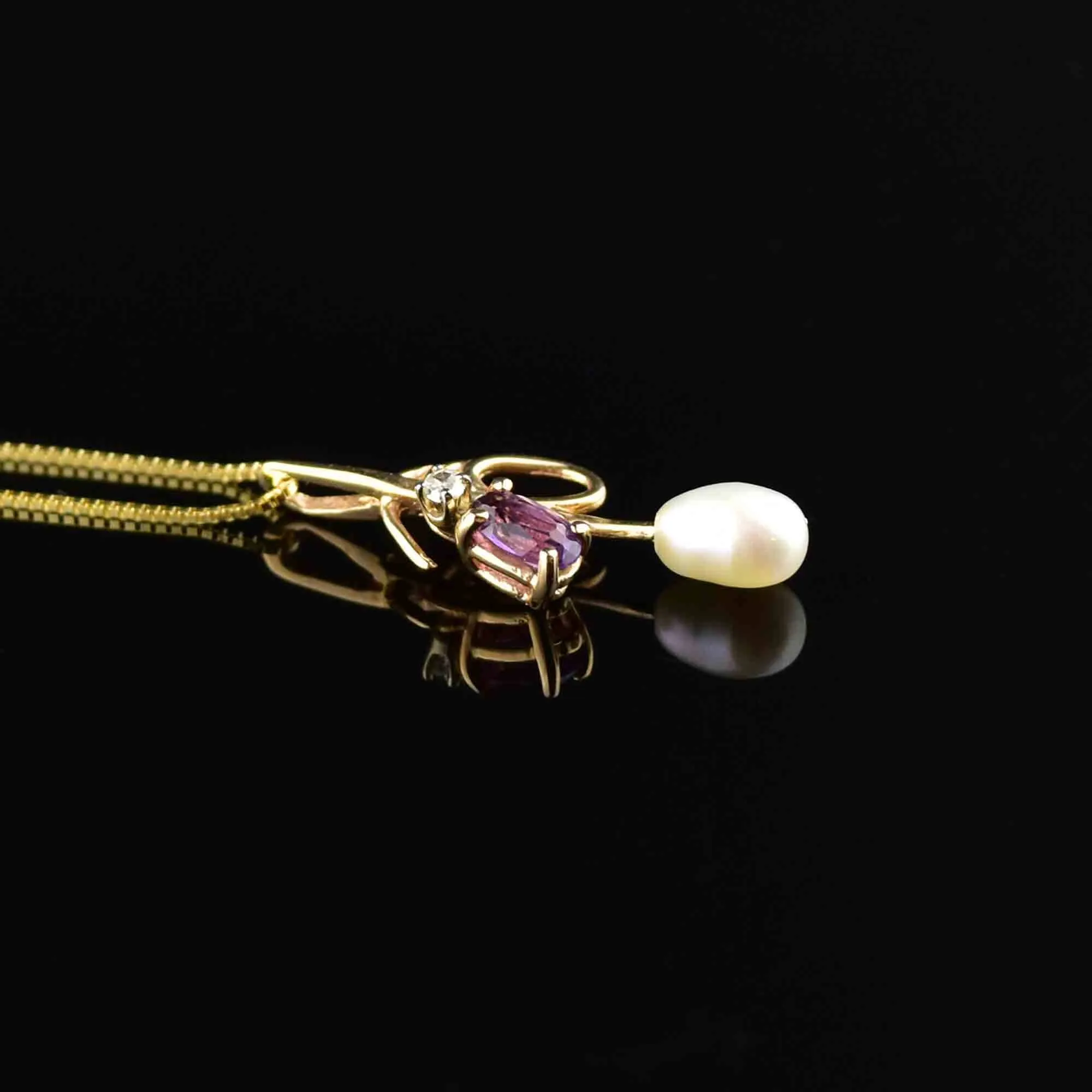 14K Gold Amethyst Diamond Pearl Pendant Necklace