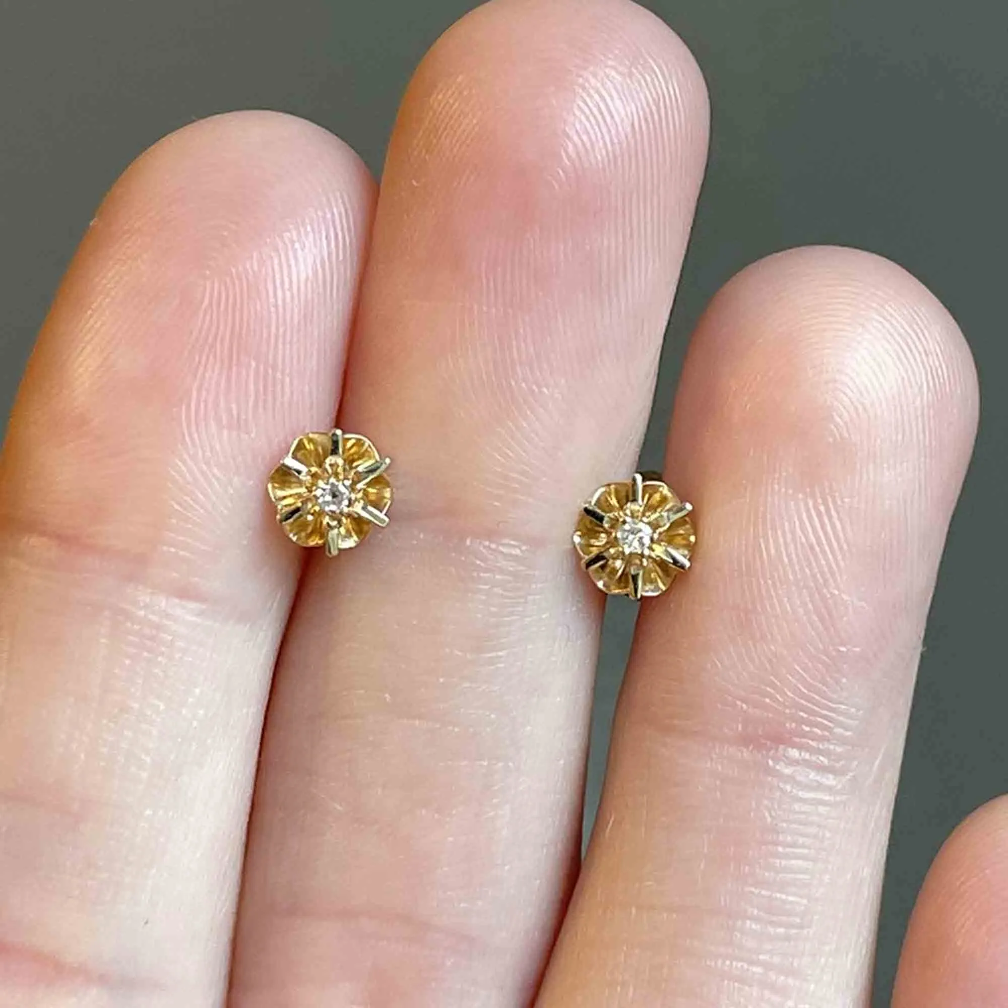 14K Gold Diamond Buttercup Stud Earrings