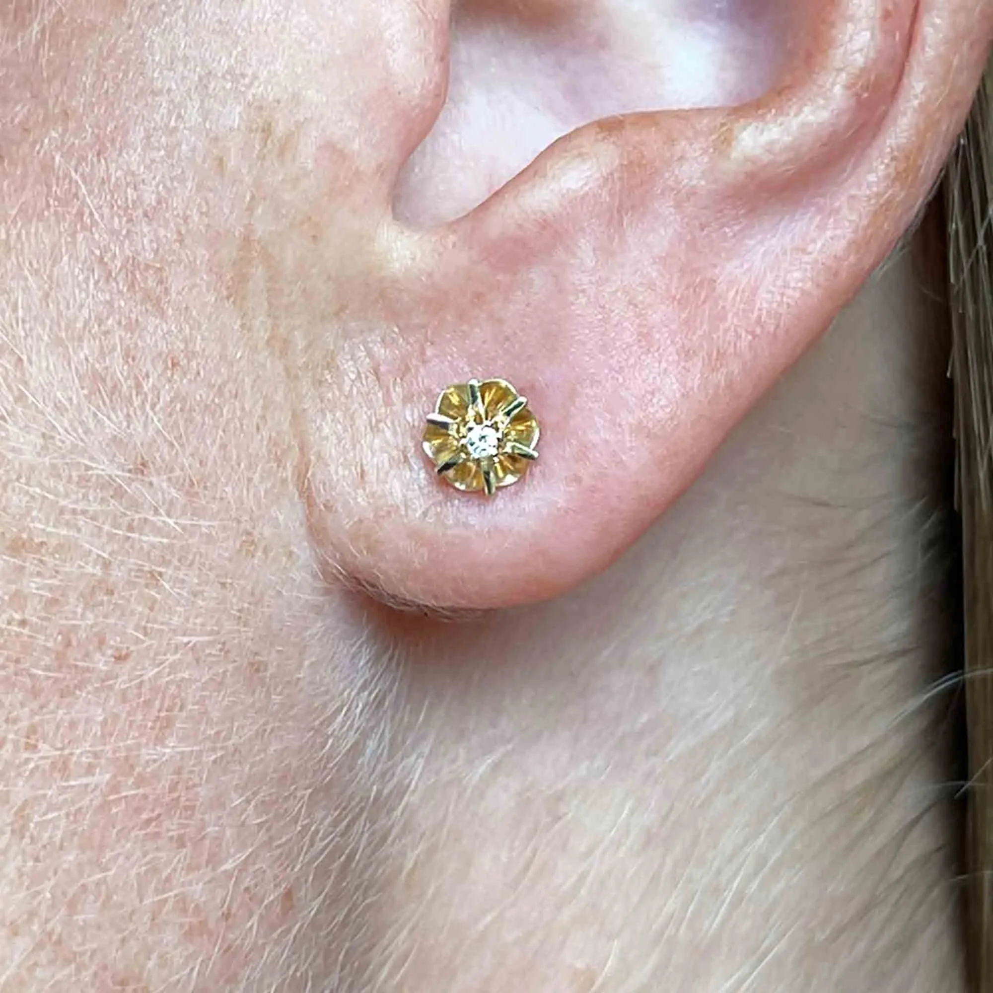 14K Gold Diamond Buttercup Stud Earrings