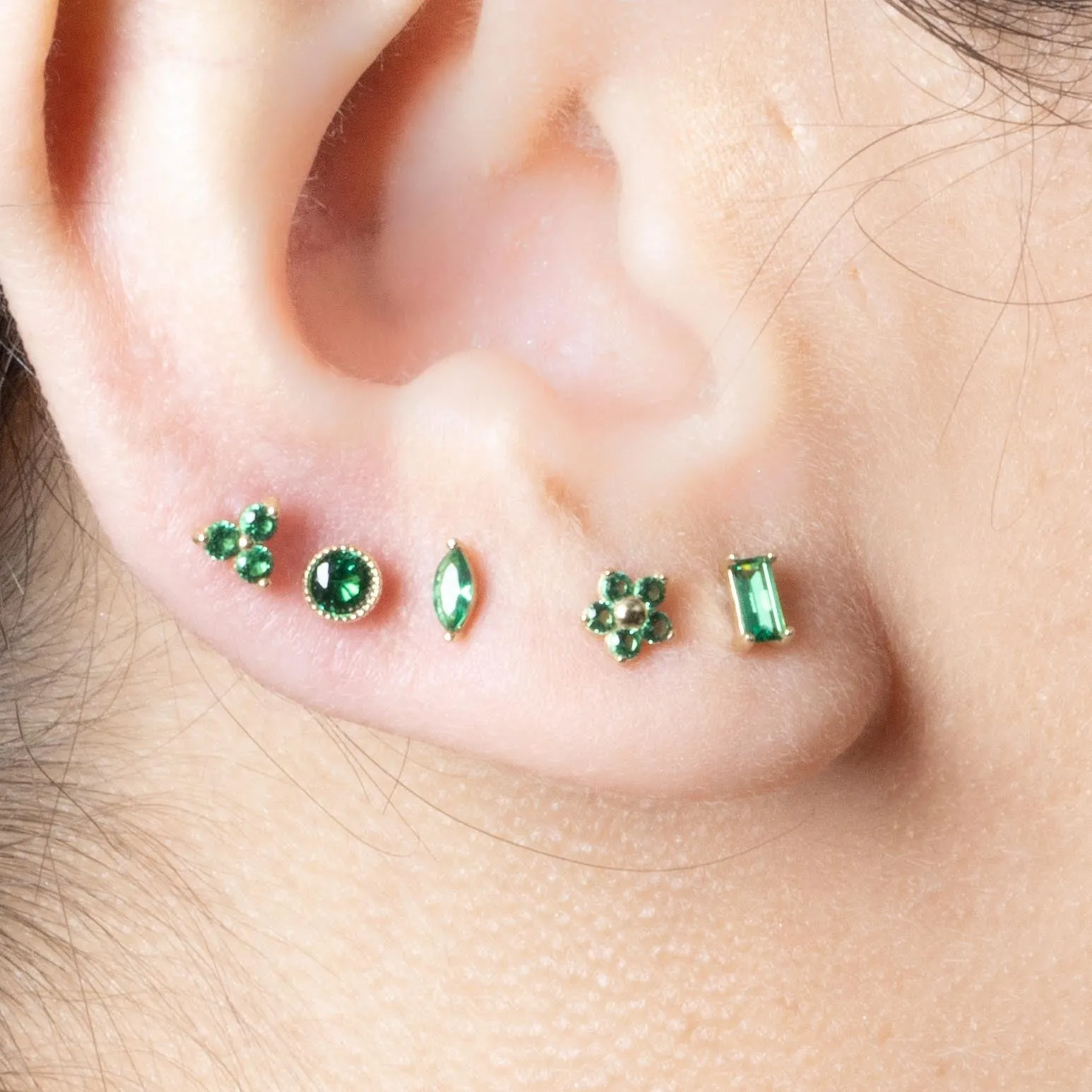 14K Gold Emerald Trinity Helix Cartilage Internally Threaded Flat Back Earring Labret Stud