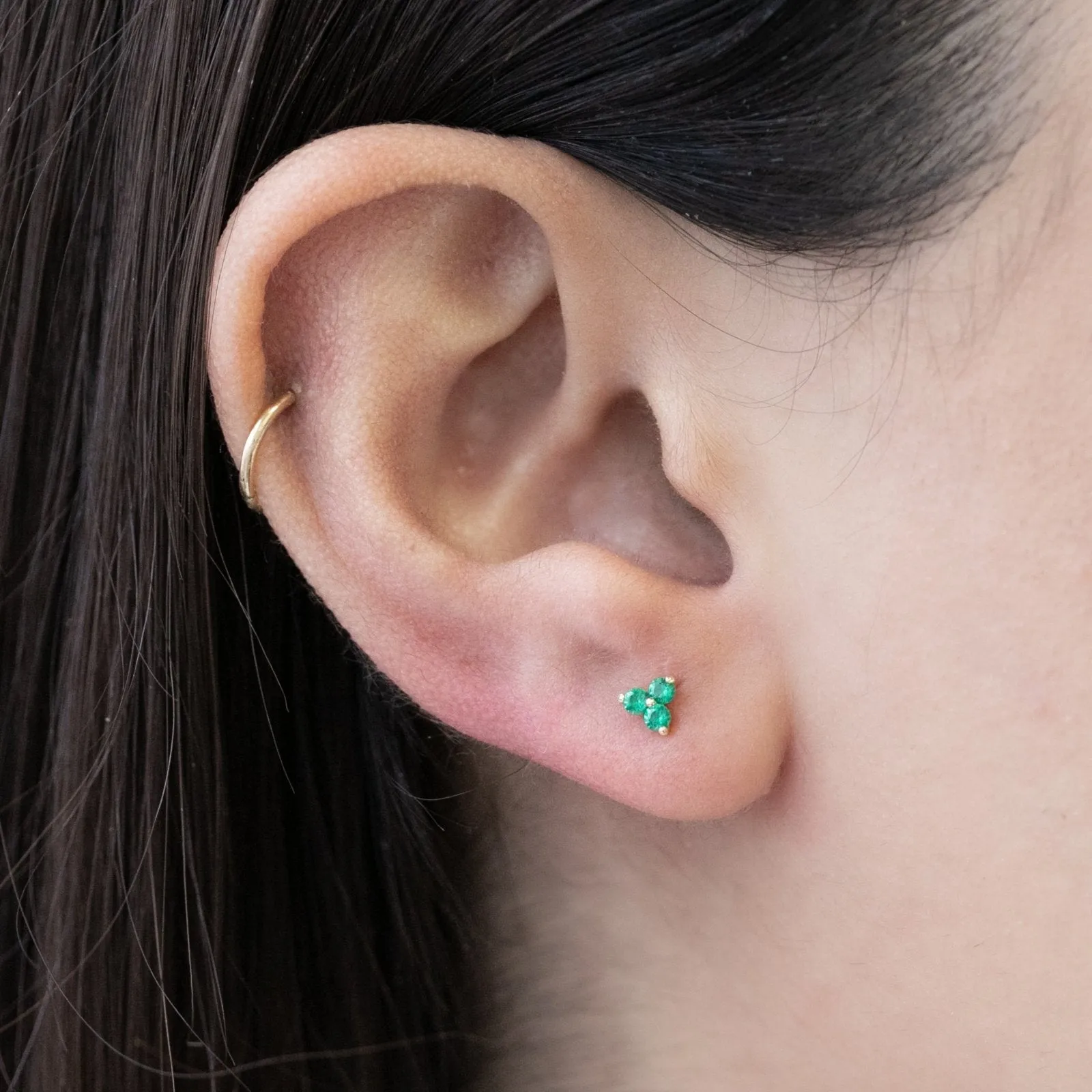 14K Gold Emerald Trinity Helix Cartilage Internally Threaded Flat Back Earring Labret Stud