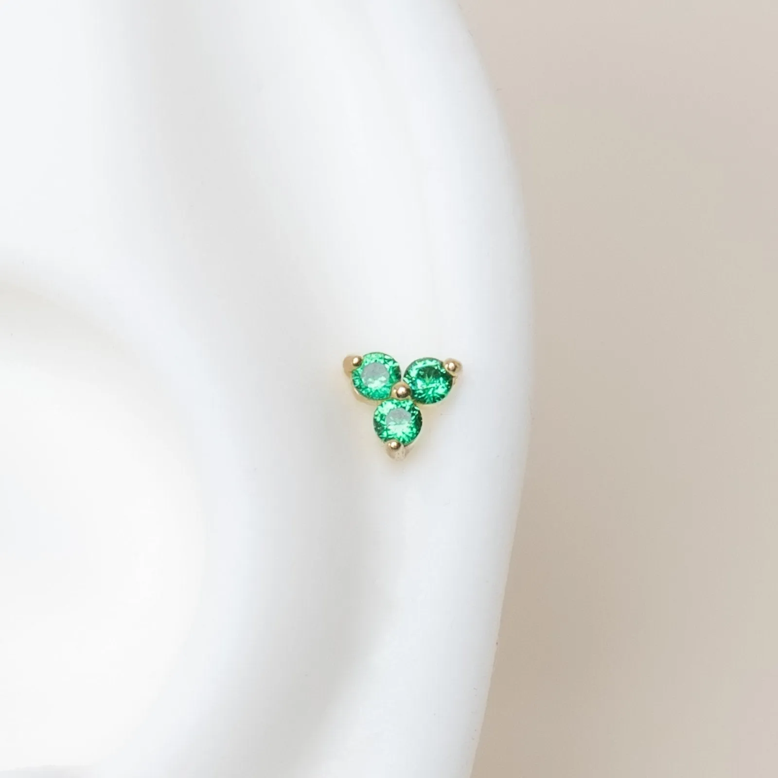 14K Gold Emerald Trinity Helix Cartilage Internally Threaded Flat Back Earring Labret Stud