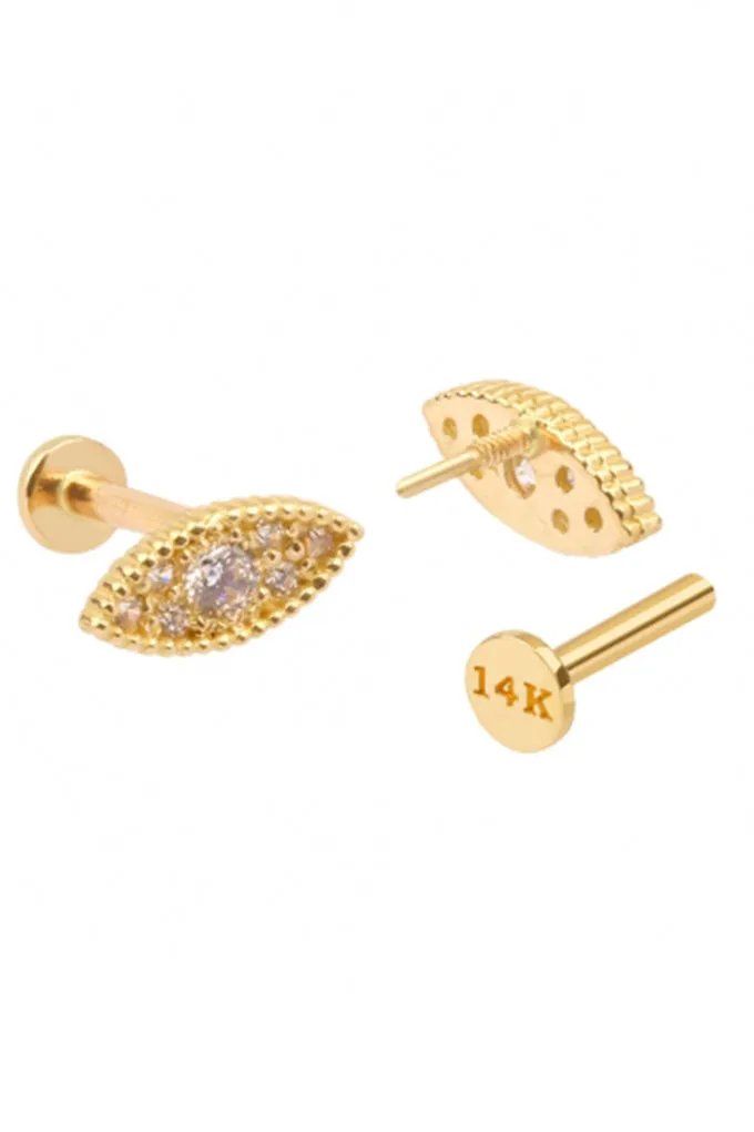 14k Gold Evil Eye Tragus Helix Internally Threaded Flat Back Earring Labret Stud