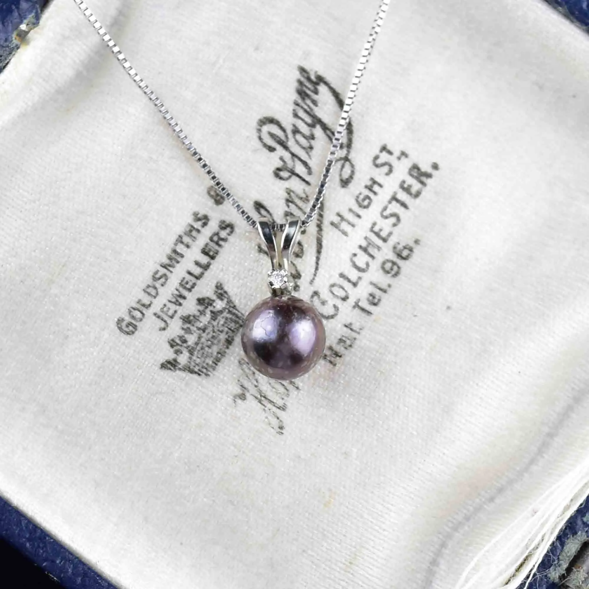 14K White Gold Diamond Black Pearl Pendant Necklace