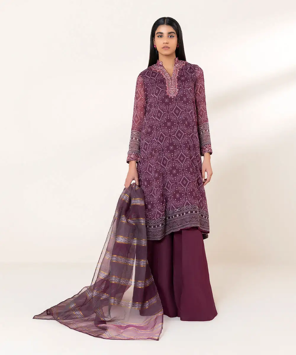 3 Piece - Embroidered Chiffon Suit