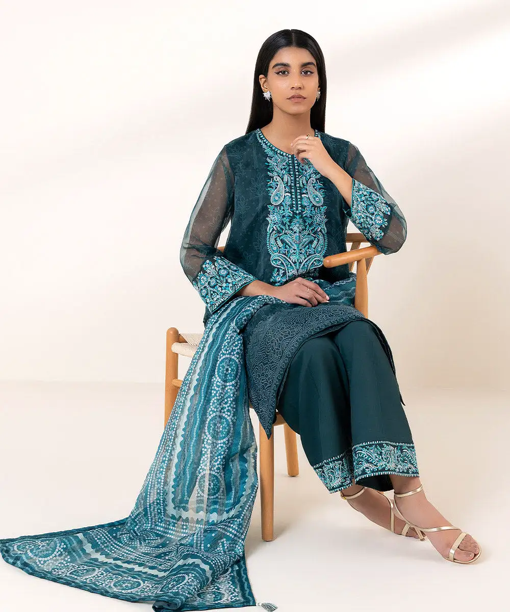 3 Piece - Embroidered Organza Suit