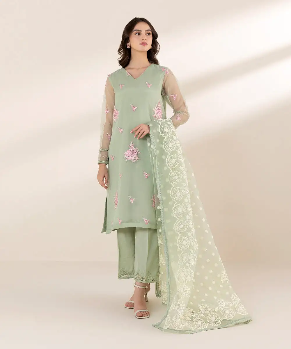 3 Piece - Embroidered Organza Suit