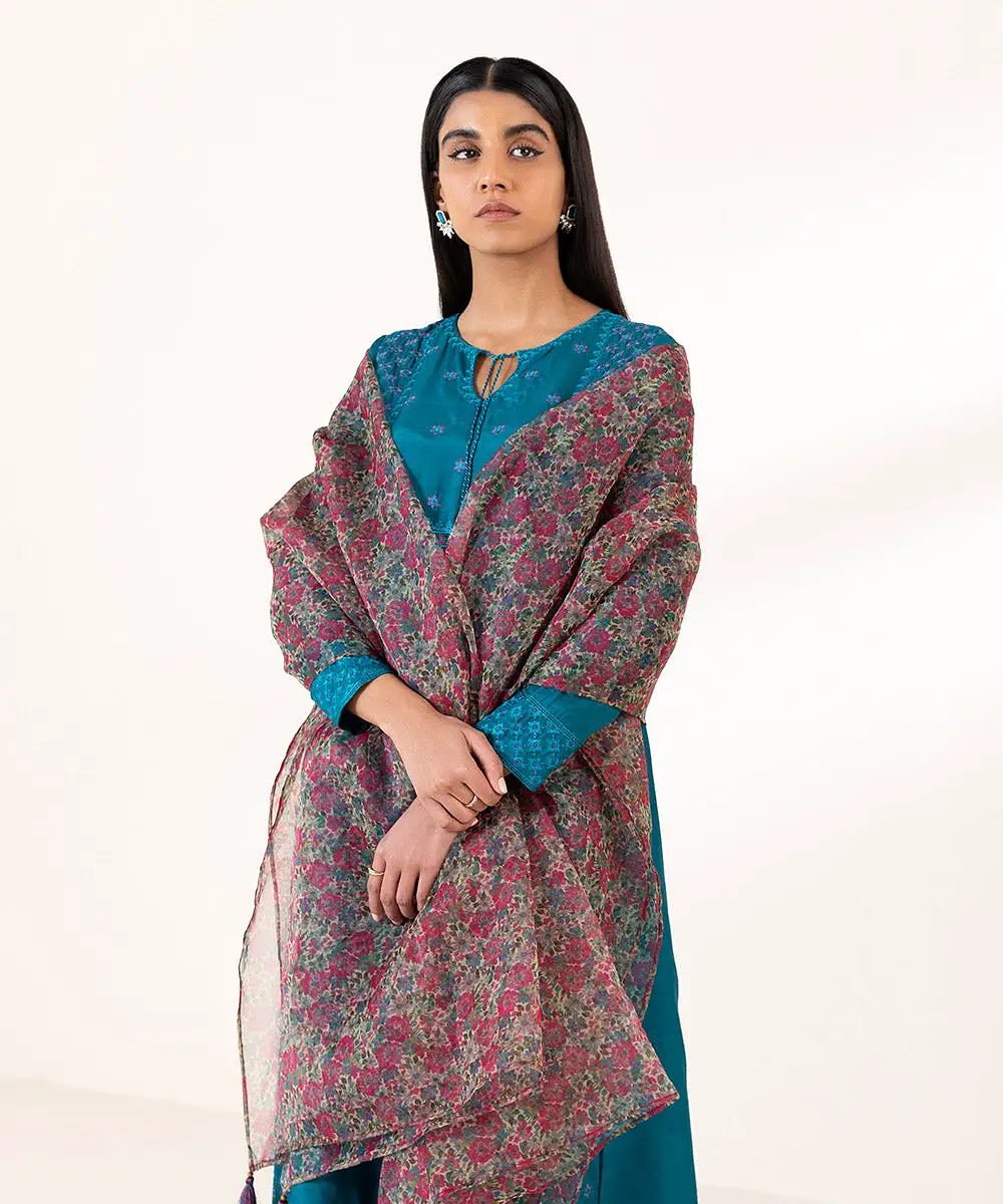 3 Piece - Embroidered Raw Silk Suit