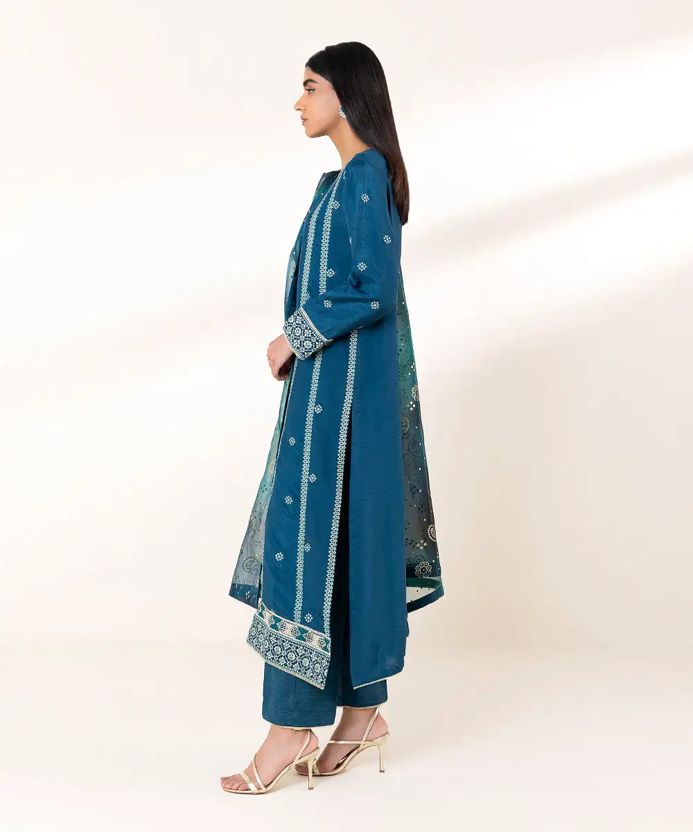 3 Piece - Embroidered Raw Silk Suit