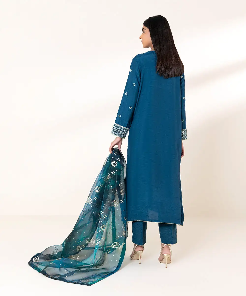 3 Piece - Embroidered Raw Silk Suit