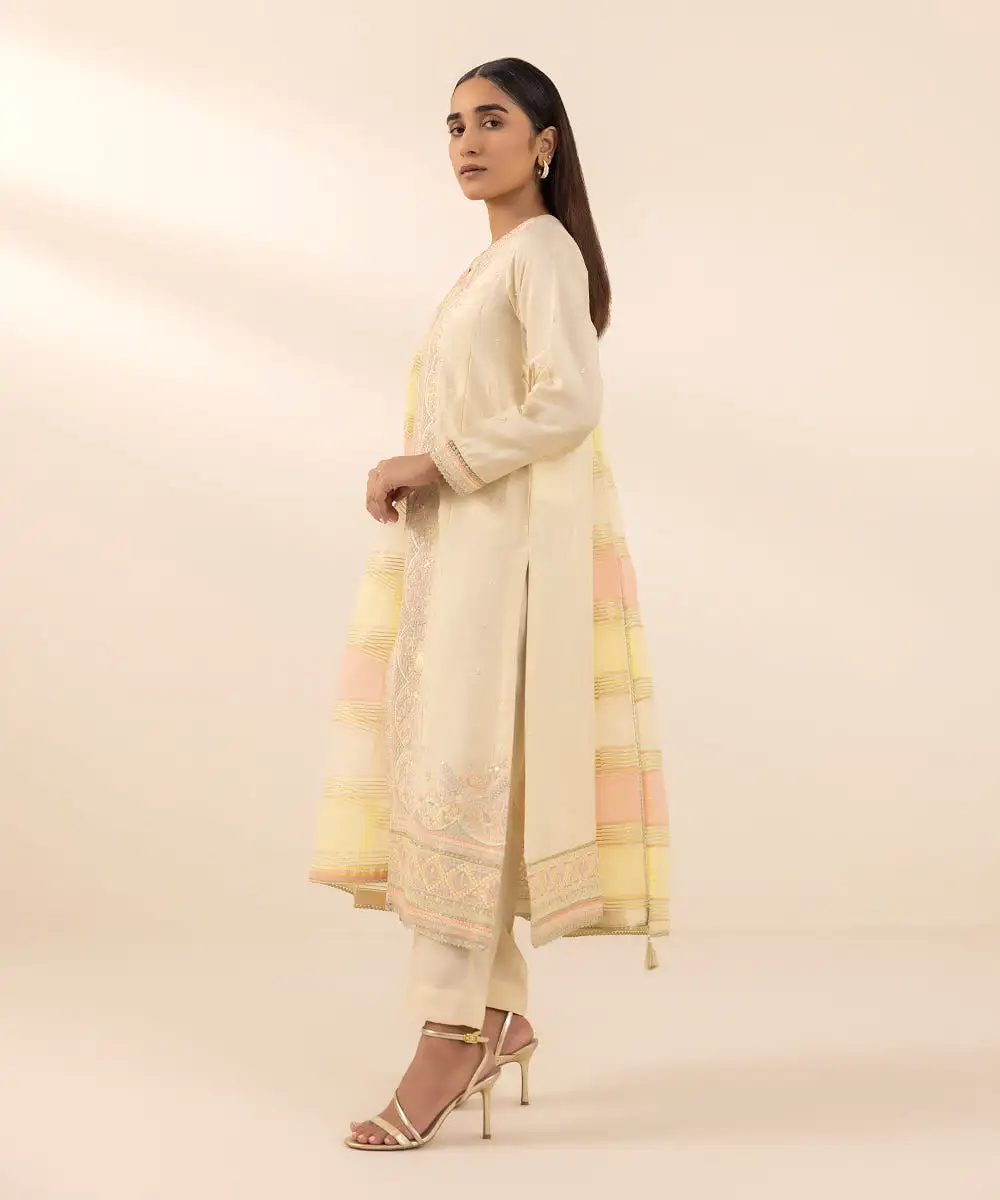 3 Piece - Embroidered Raw Silk Suit