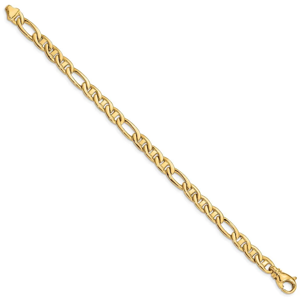 6.5mm 14K Yellow Gold Solid Flat Figaro Anchor Chain Bracelet