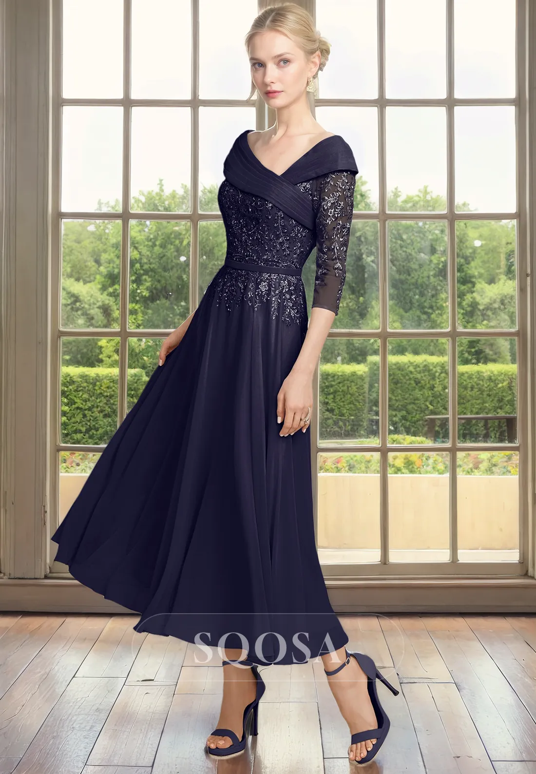 A Line Off Shoulder Lace Appliques 3/4 Sleeves Elegant Mother of the Bride Dress