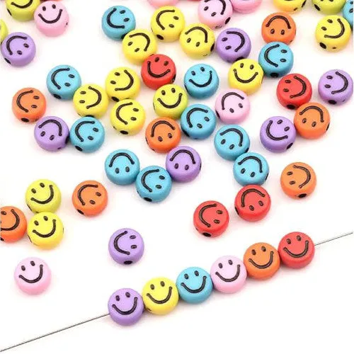 Acrylic Beads, Smiley Faces, Flat, Round, Opaque, Mixed Colors, 7mm