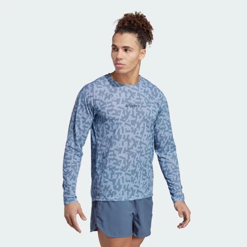 adidas Terrex Trail Running Mens Long Sleeve Top Blue Lightweight PARLEY