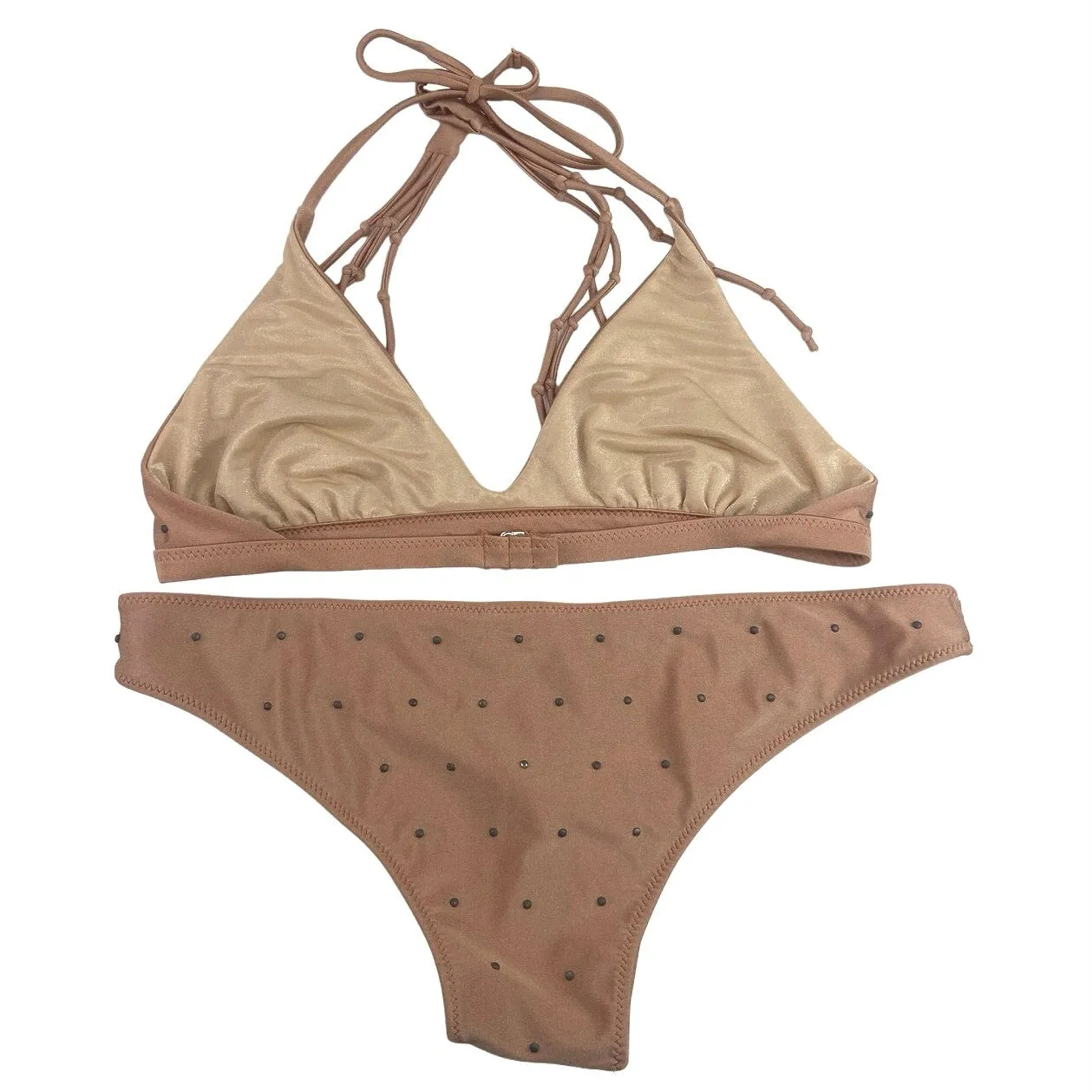 Amuse Brown 2 Piece Polka Dots Halter Tie Neck Beach Resort Swimwear Bikini Sz L