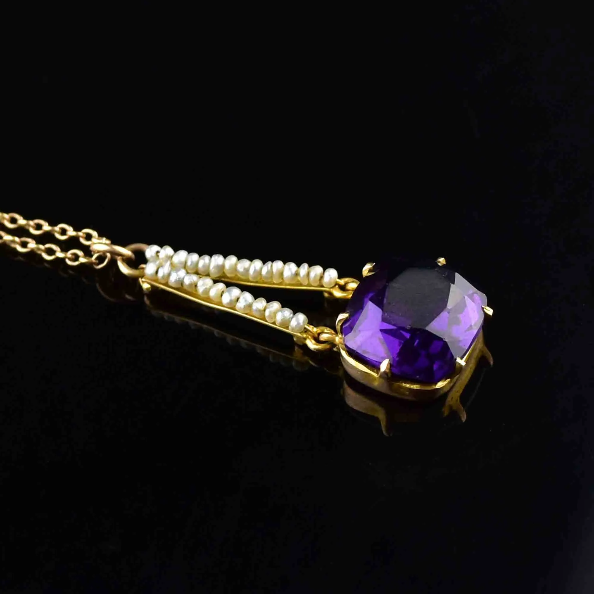 Antique 10K Gold Cushion Cut Amethyst Pearl Lavaliere Necklace