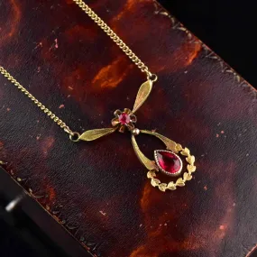 Antique 10K Gold Ruby Lavaliere Pendant Necklace