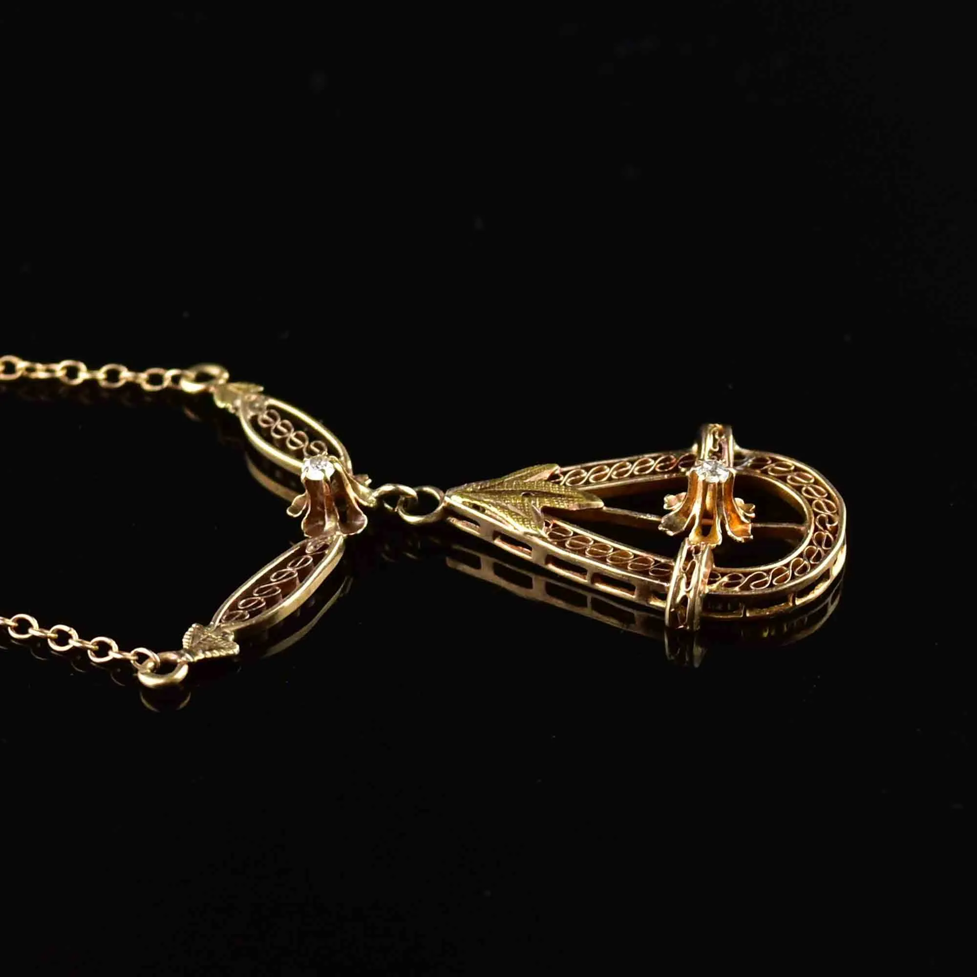 Antique Buttercup Diamond 10K Gold Filigree Necklace