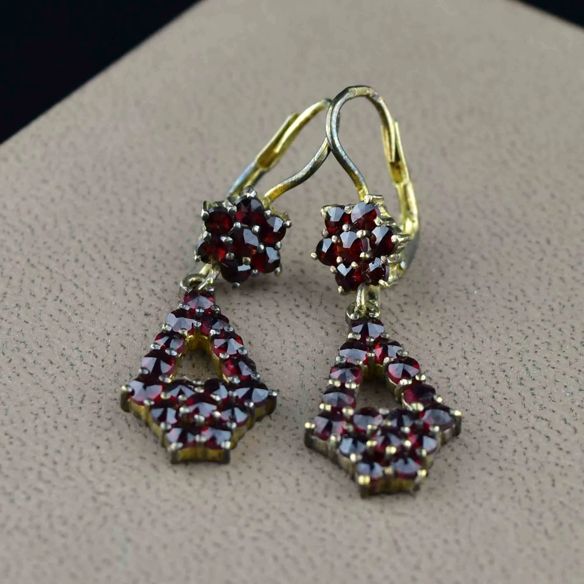 Antique Rolled Gold Garnet Star Drop Earrings