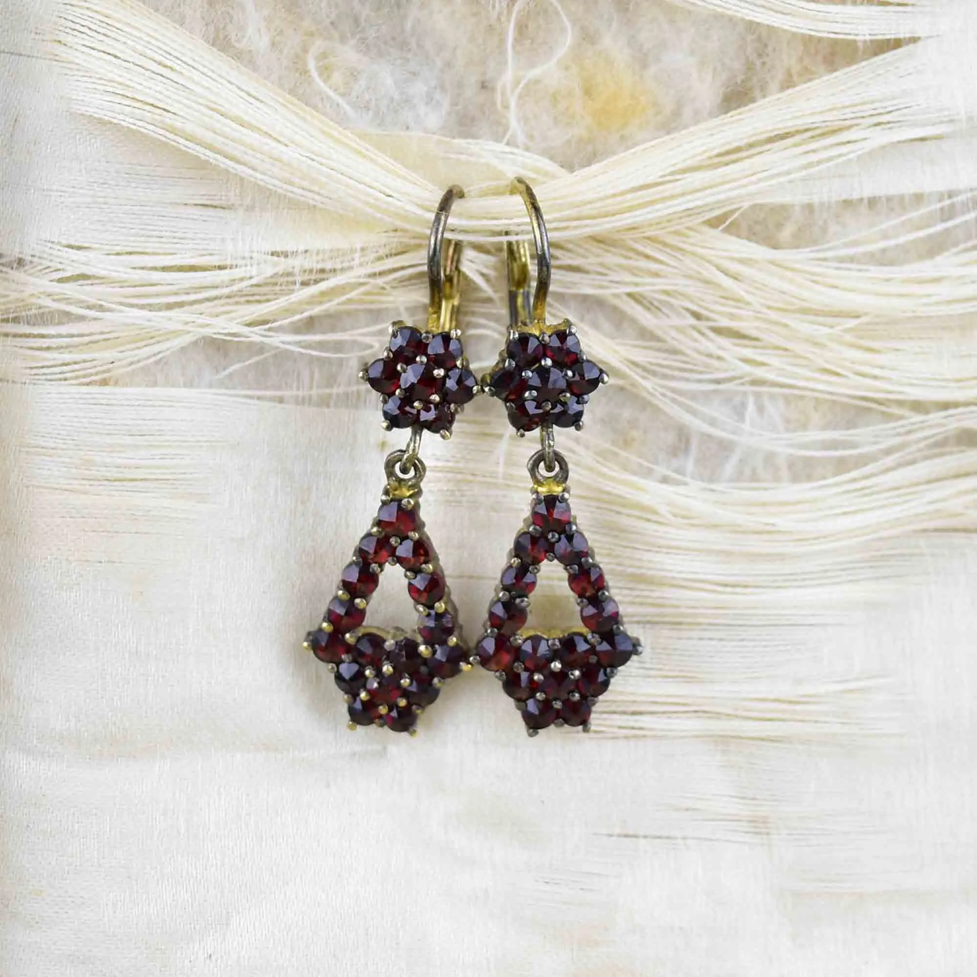 Antique Rolled Gold Garnet Star Drop Earrings