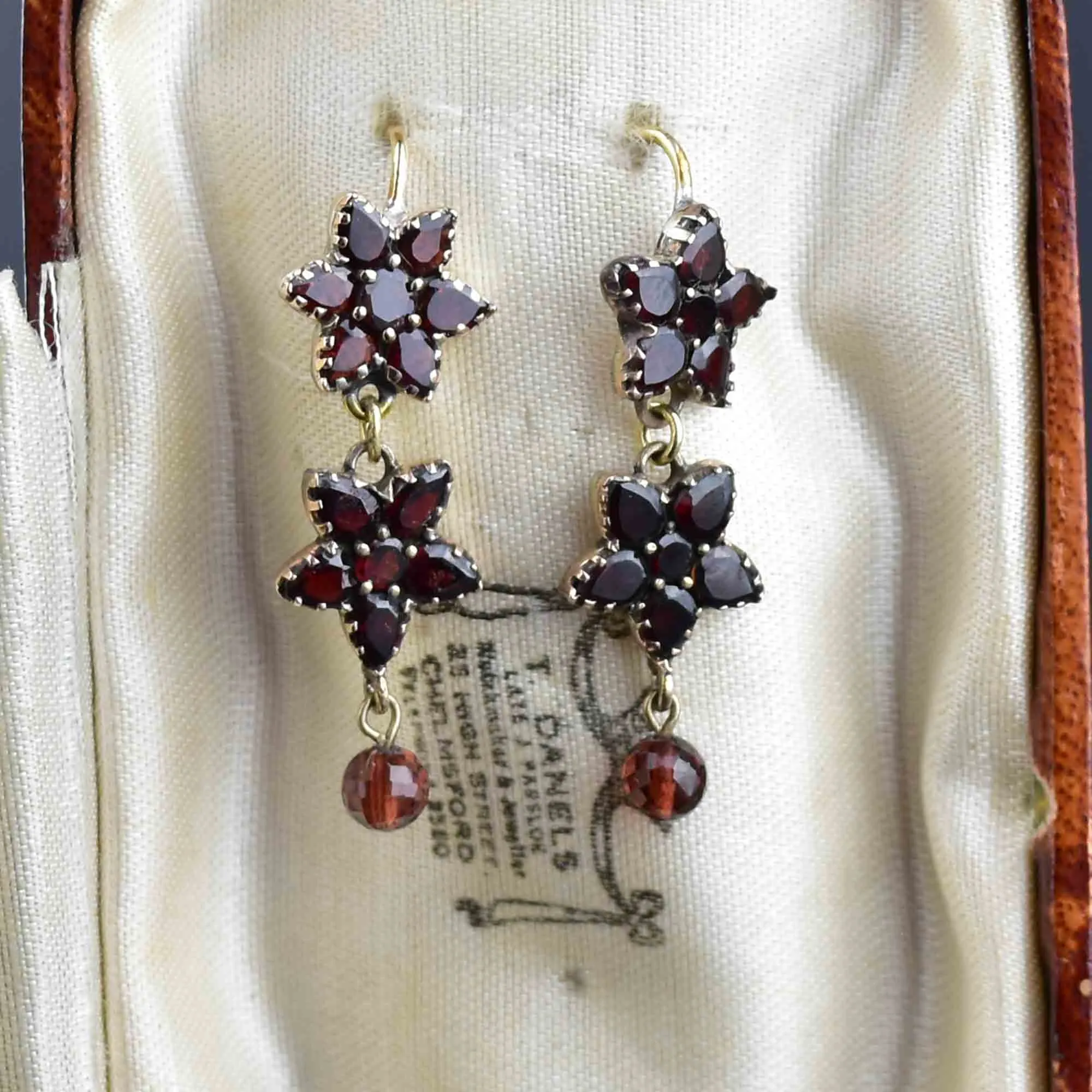 Antique Rolled Gold Garnet Star Flower Drop Earrings