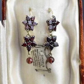 Antique Rolled Gold Garnet Star Flower Drop Earrings