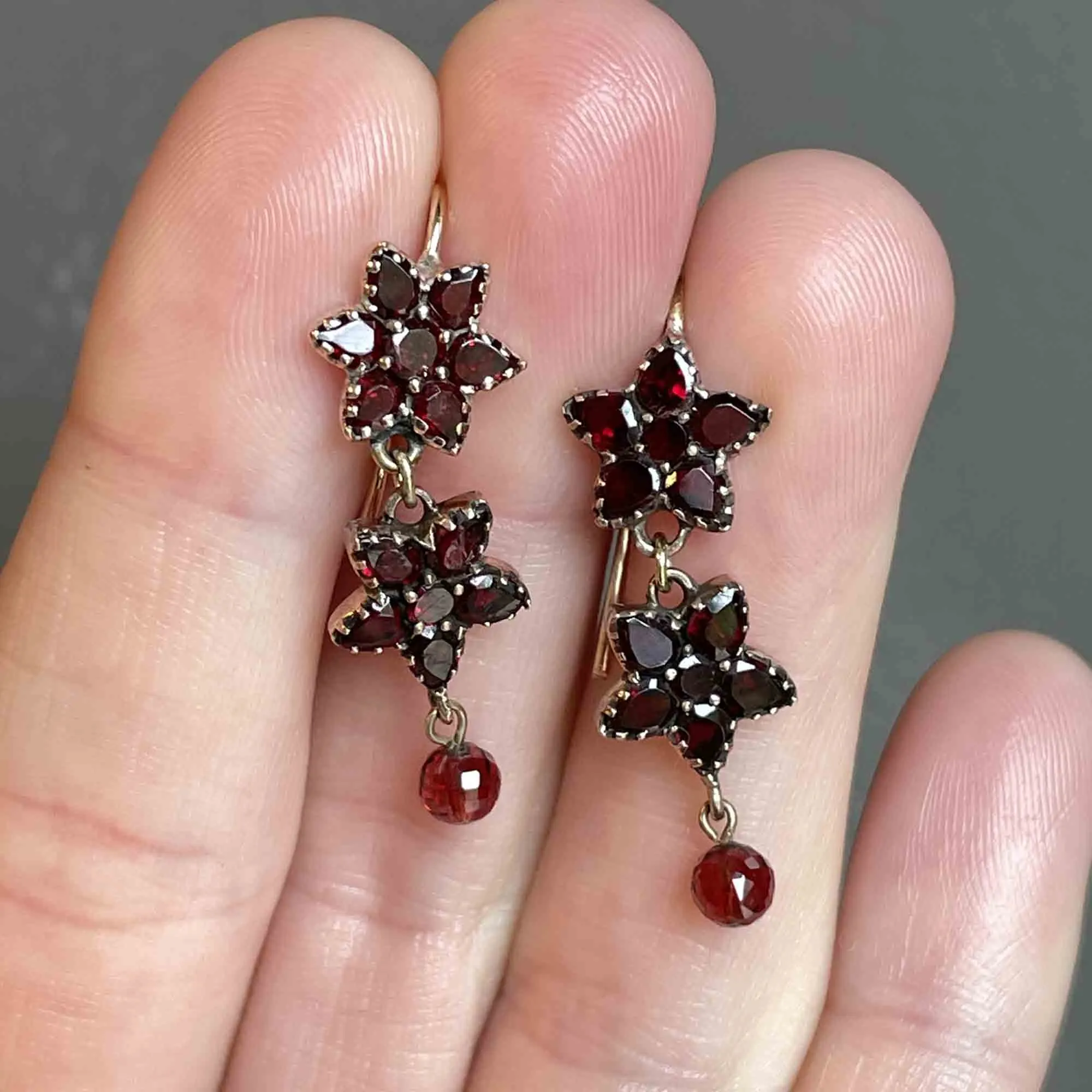 Antique Rolled Gold Garnet Star Flower Drop Earrings