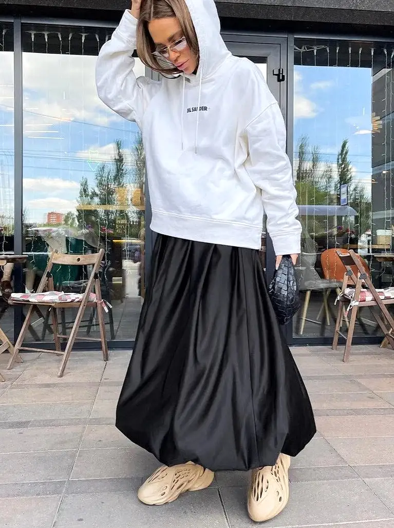 Ashore Shop Trend Long Puffy Beige Satin Skirts Office Lady Ankle-Length Skirt Casual Loose Skirt