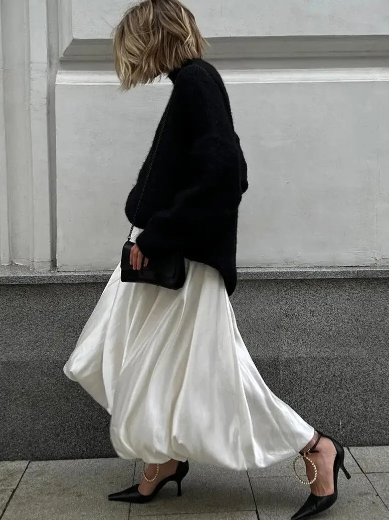 Ashore Shop Trend Long Puffy Beige Satin Skirts Office Lady Ankle-Length Skirt Casual Loose Skirt