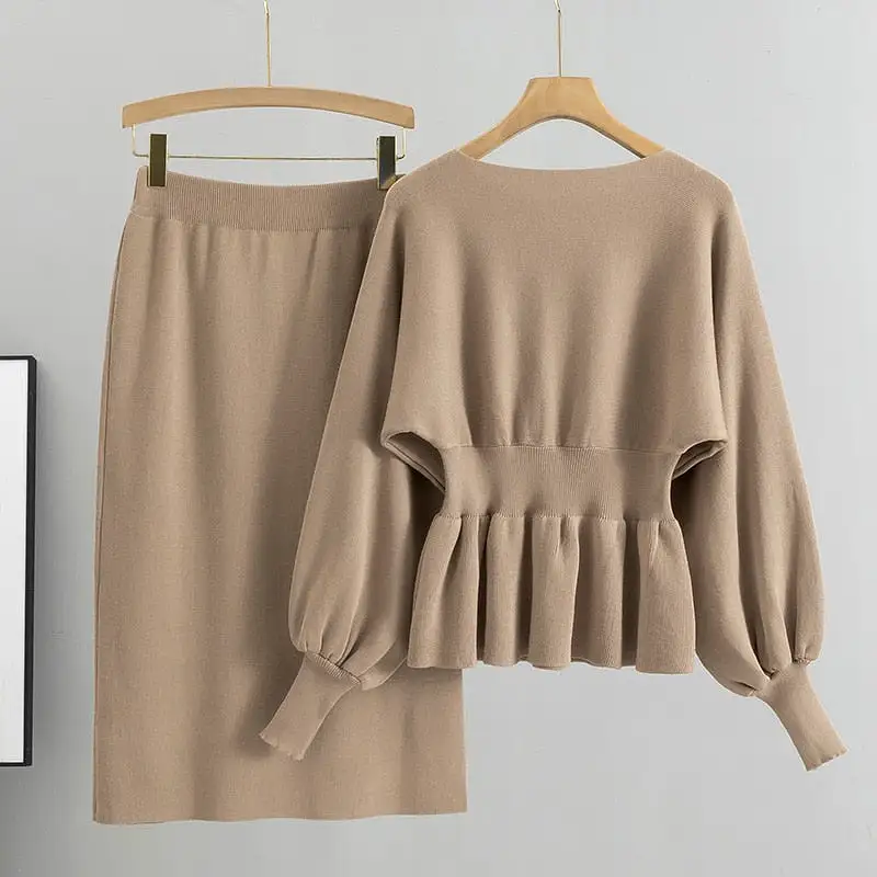 Autumn Elegant Two Piece Set Women Lantern Long Sleeves Crop Tops and Skirts Sets