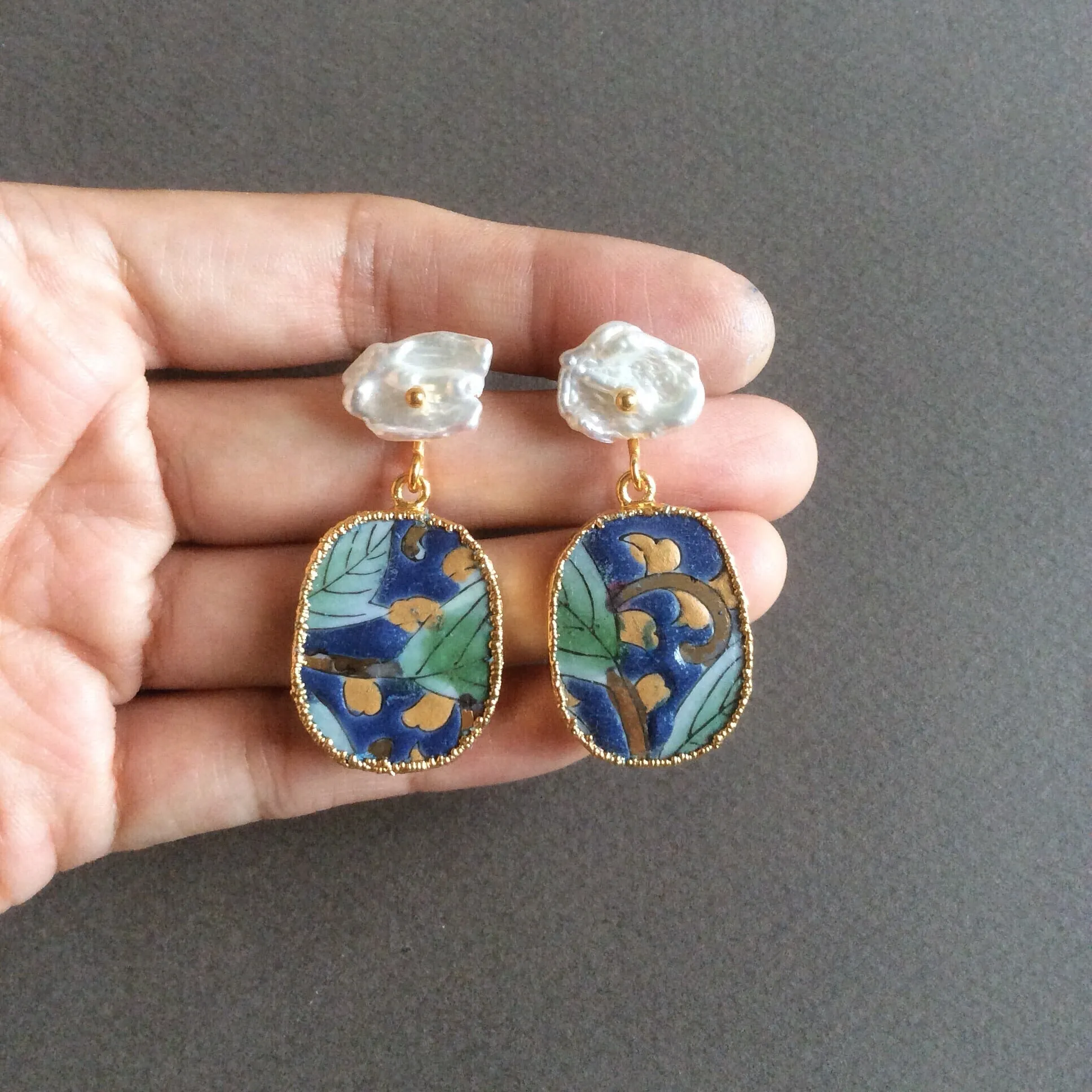 Blue night scene chinoiserie porcelain earrings with flat freshwater pearls