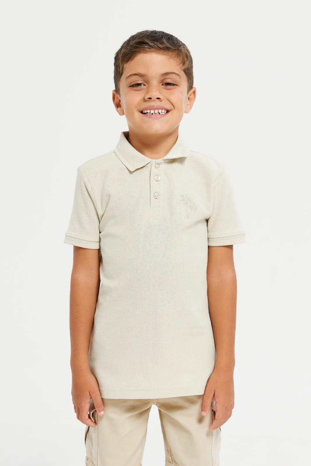 Boys Beige Chest Logo Polo