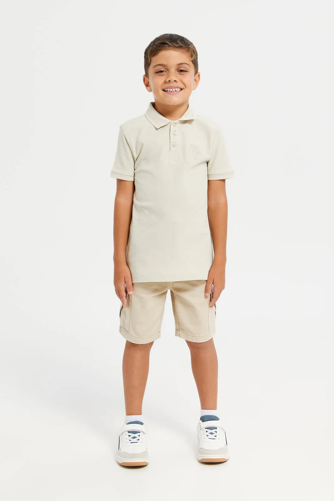 Boys Beige Chest Logo Polo