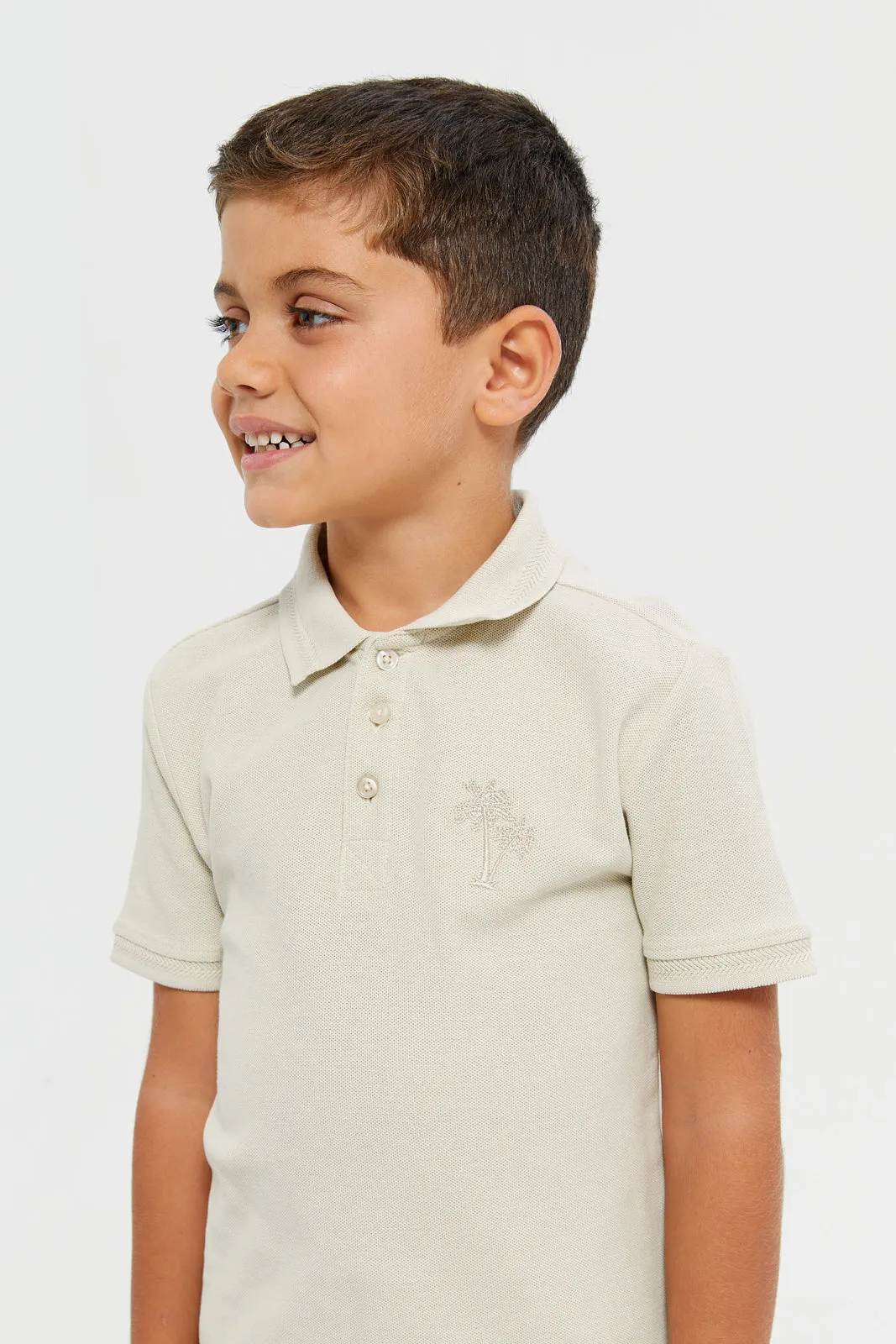 Boys Beige Chest Logo Polo