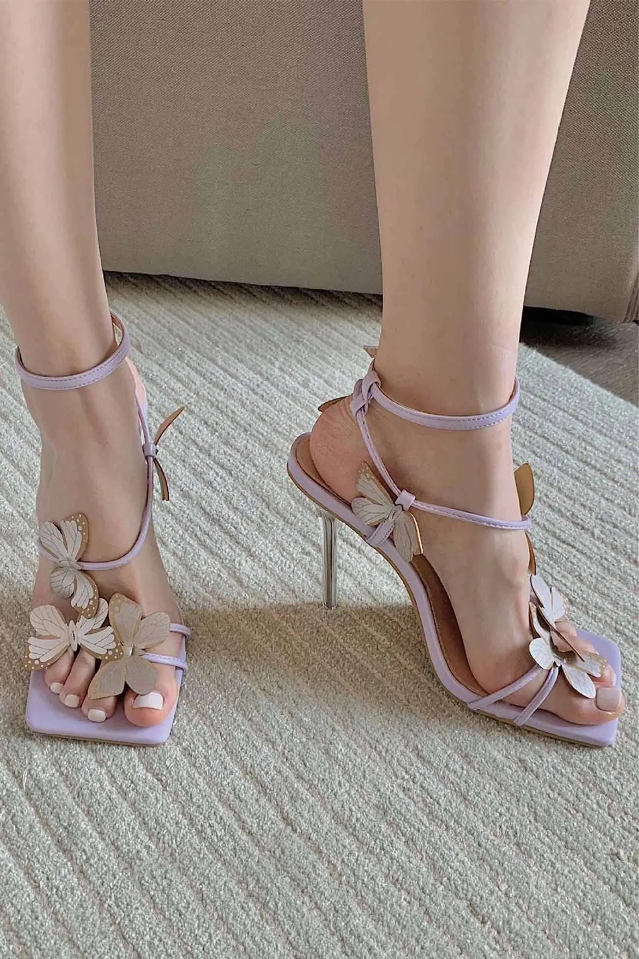 Butterfly Square Toe Ankle Strap Stiletto High Heels