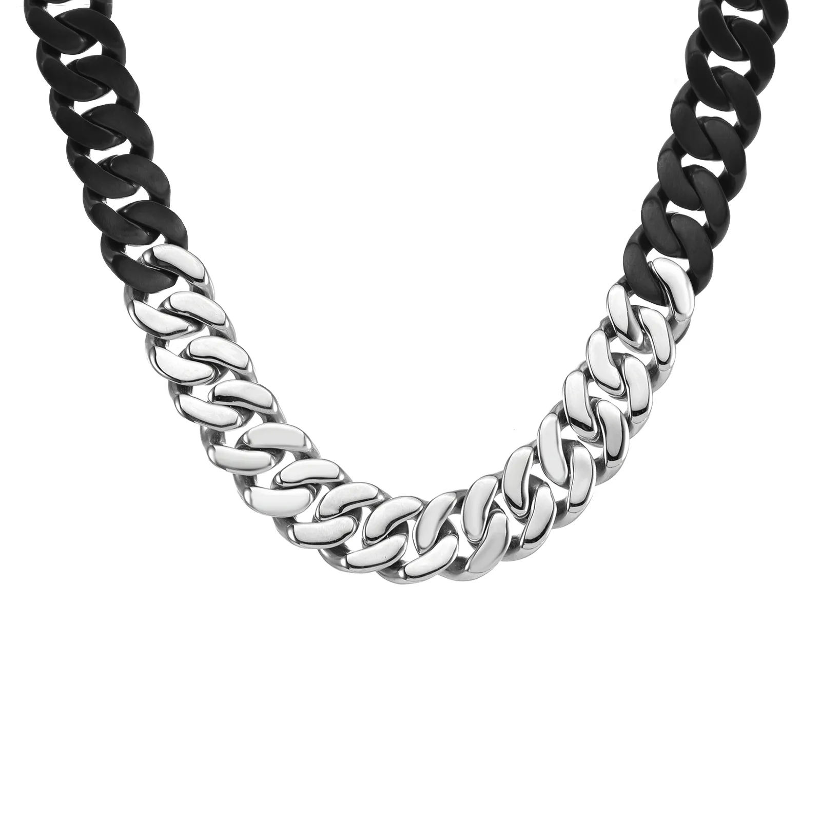 C160BW B.Tiff 16mm 2 Tone Balck Anodized & Stainless Steel Flat Cuban Link Necklace