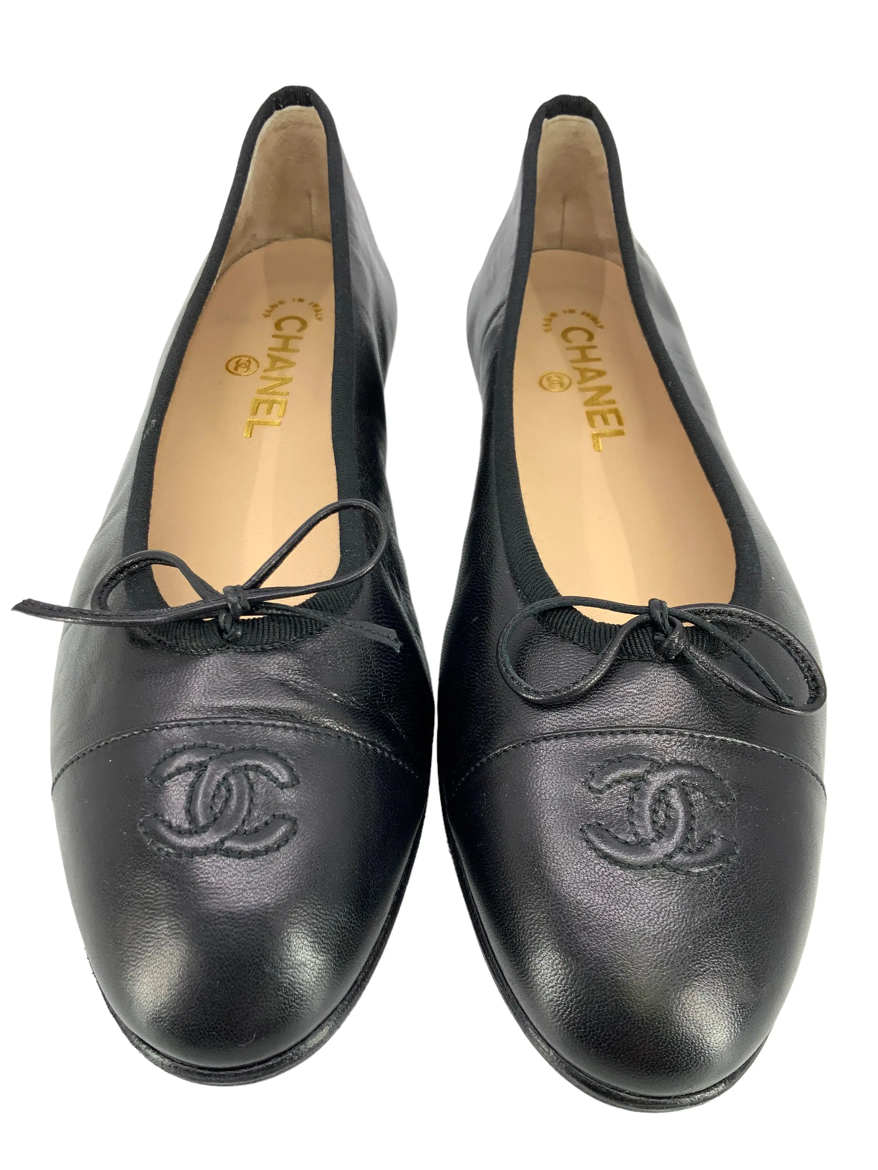 Chanel CC Cap Toe Lambskin Leather Ballet Flats Size 10.5