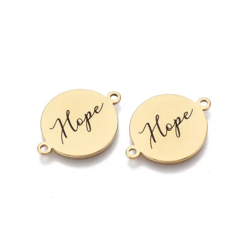 Connectors, Round, Flat, Gold Plated, 201 Stainless Steel, Black, Enameled, With Word Hope, 21mm