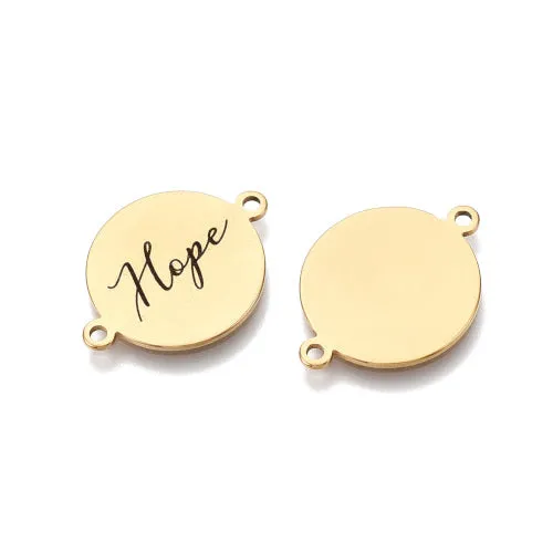 Connectors, Round, Flat, Gold Plated, 201 Stainless Steel, Black, Enameled, With Word Hope, 21mm