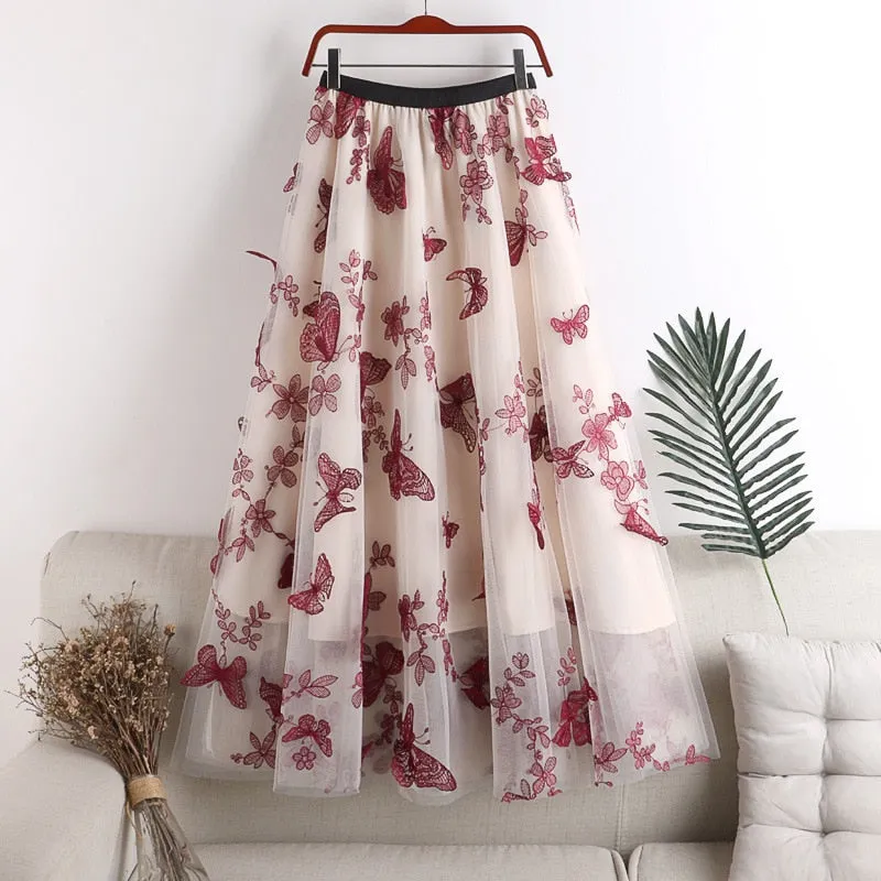 Elastic High Waist Butterfly Embroidery Women Casual A-Line Mesh Skirts Streetwear