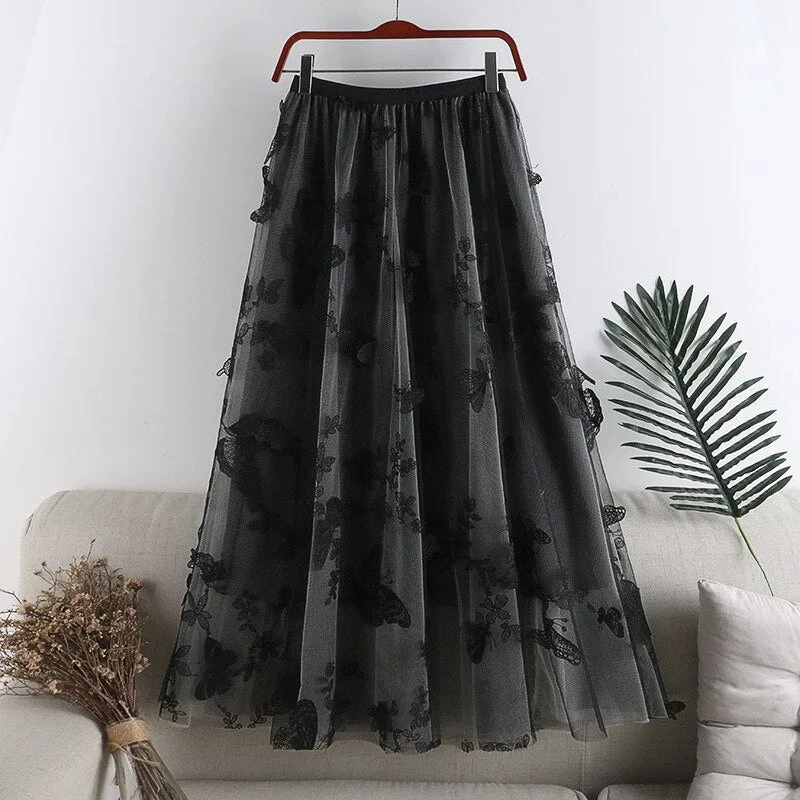 Elastic High Waist Butterfly Embroidery Women Casual A-Line Mesh Skirts Streetwear