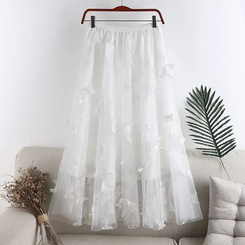 Elastic High Waist Butterfly Embroidery Women Casual A-Line Mesh Skirts Streetwear