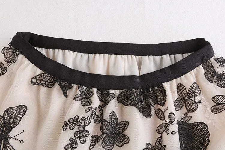 Elastic High Waist Butterfly Embroidery Women Casual A-Line Mesh Skirts Streetwear