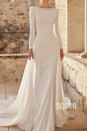 Elegant Satin Fitted Scoop Long Sleeve Beaded With Train Wedding Dress QW8196