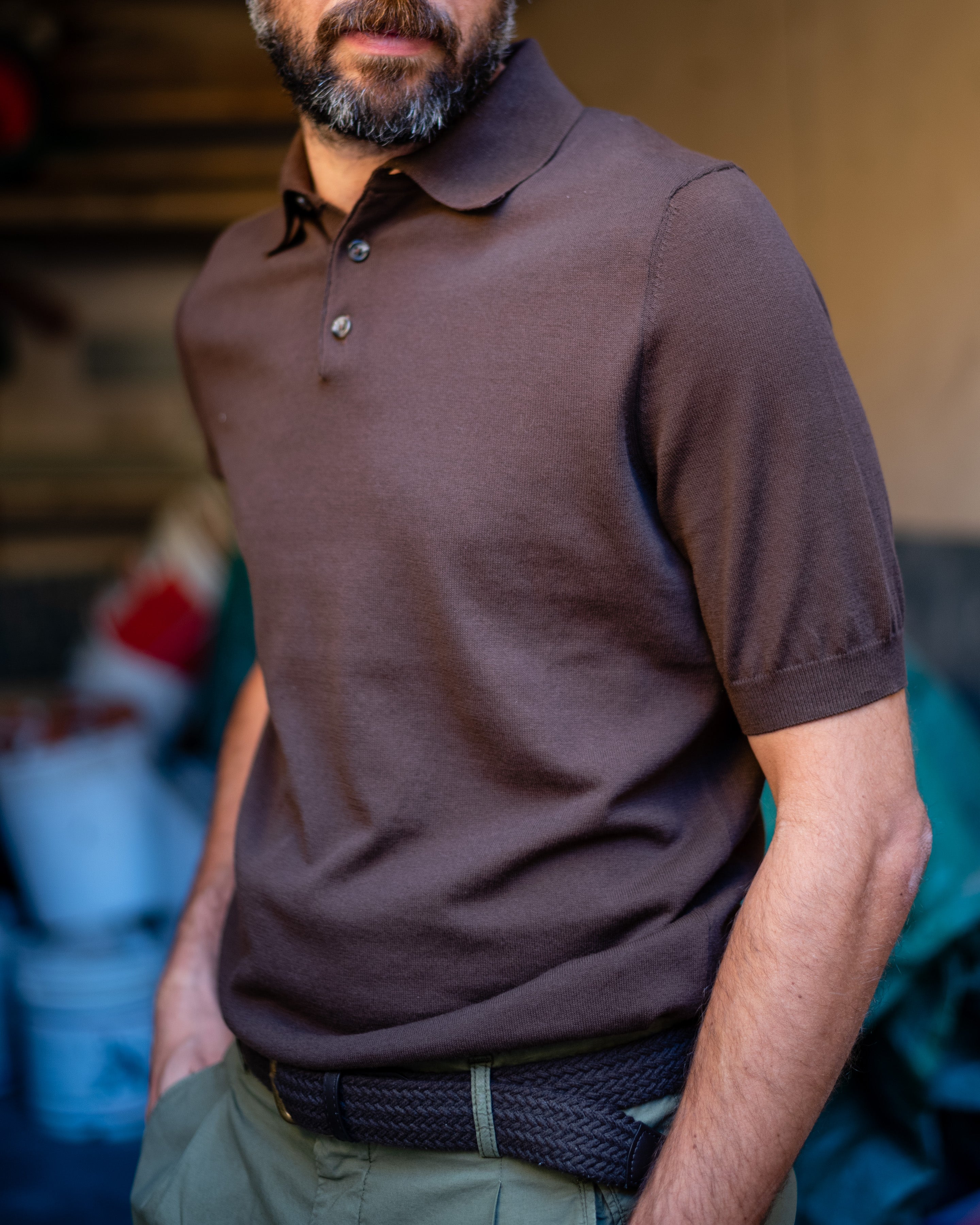 FRESH Extra Fine Crepe Cotton Knitted Polo in Brown