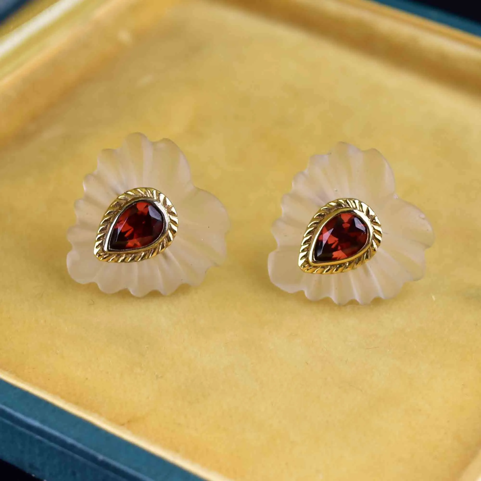 Gold Frosted Rock Crystal Garnet Heart Post Earrings